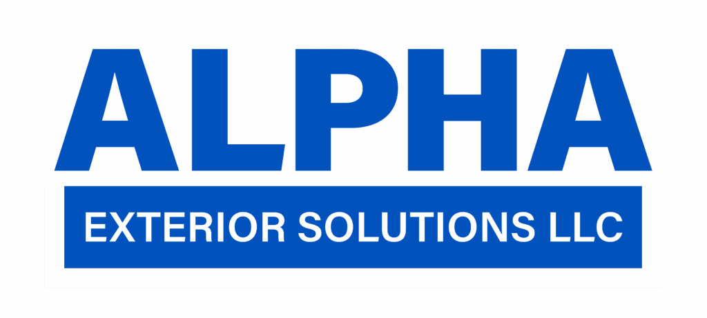 Alpha Exterior Solutions LLC logo in blue and white with a house-shaped roof outline