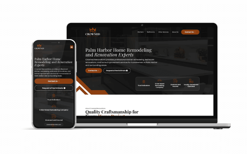 Crowned Renovations website designed by Clear Brands, shown on laptop and phone for a Palm Harbor home remodeling and renovation company