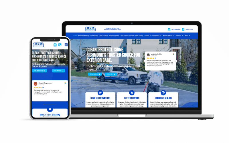 Alpha exterior cleaning website designed by Clear Brands, shown on laptop and phone for a Richmond pressure washing and gutter services company