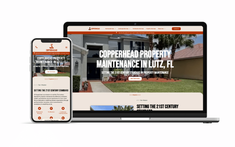 Copperhead Property Maintenance website designed by Clear Brands, shown on laptop and phone for a Lutz, FL lawn care and landscaping company